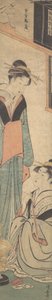 2 人の少女が火鉢の火鍋のそばで話している。 1785年。 作： Torii Kiyonaga