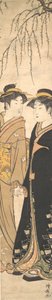 手をつないで歩く 2 人の背の高い若い女性、カリフォルニア州。 1785年。 作： Torii Kiyonaga