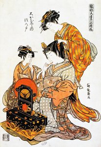 鏡の前で髪を梳かしている女性 鳥居清長（1751-1815）の浮世絵 木版画 日本文明 江戸時代