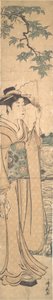 隅田川のほとりで扇子を持つ女性。 作： Torii Kiyonaga
