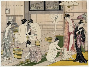 銭湯の女性たち。鳥居清長（1752-1815）による1785年頃の日本の版画。鳥居派（浮世絵または浮世絵）。