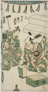 The Actors Fujikawa Heikuro as Masamune and Matsushima Kichisaburo as Rai Kunitsugu in the play "Shin Usuyuki Monogatari," performed at the Nakamura Theater in the sixth month, 1746 作： Torii Kiyonobu II