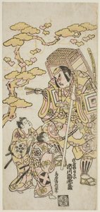 The Actors Ichikawa Ebizo II as Musashibo Benkei, Sakata Shintaro (?) as Soga no Goro, and Takigawa Kinya (?) as Soga no Juro in the play "Sazareishi Suehiro Genji," performed at the Nakamura Theater in the first month, 1744 作： Torii Kiyonobu II