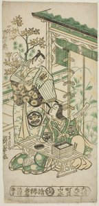 The Actors Ichimura Uzaemon VIII as Oguri Hangan and Segawa Kikunojo I as Terute no Mae in the play "Mangetsu Oguri Yakata," performed at the Ichimura Theater in the eighth month, 1747 作： Torii Kiyonobu II