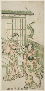 延享4年（1747）11月、市村座で上演された『朱世紅葉狩』の源頼政役・初代佐野川市松と信綱の妻・かるも役・初代瀬川菊次郎。