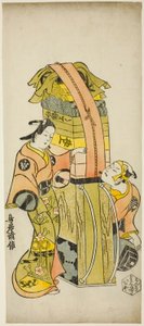 The Actors Ichikawa Danjuro II as Kamada Matahachi and Ichikawa Monnosuke I as Hisamatsu in the play "Osome Hisamatsu Shinju Tamoto no Shirashibori," performed at the Morita Theater, 1720 作： Torii Kiyonobu I