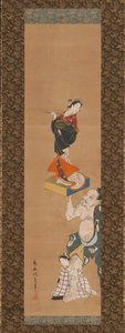 碁盤の上で娼婦の傀儡を持ち上げる朝比奈義秀、18世紀中頃。 作： Torii Kiyoshige