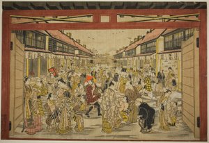 新吉原正門 1745年頃（手彩色木版画：拓本横絵・紅絵） 作： Torii Kiyotada