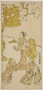 The Actors Segawa Kikunojo II, Ichikawa Komazo II, and Arashi Otohachi I in the play "Fude Hajime Soga no Tamazusa," performed at the Nakamura Theater in the first month, 1768 作： Torii Kiyotsune
