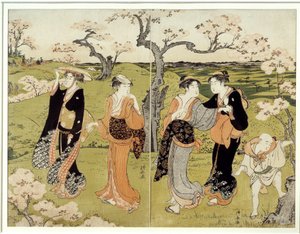 安佐赤山の桜の下でピクニック。 鳥居清長（1752-1815）による日本版画、浮世絵風 作： Torii Kuyonaga