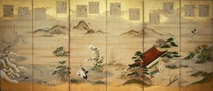 六曲屏風十二月鳥花屏風（紙本墨、彩色、金箔） 作： Tosa Mitsunari