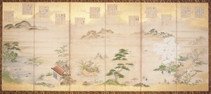 Kuusi paneelinäyttöä kahdentoista kuukauden linnuilla ja kukilla (muste, väri ja kultalehti paperilla) 作： Tosa Mitsunari