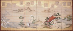 定家の十二ヶ月詩（紙本、墨、彩色、金箔、六曲屏風） 作： Tosa Mitsunari
