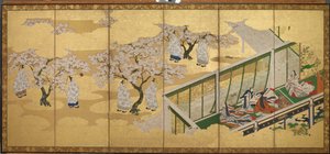 <em>源氏物語</em>、第 34 章。 柏木が第三皇女を目撃 作： Tosa Mitsuoki