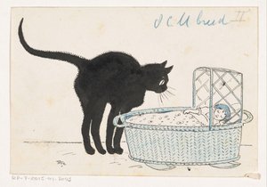 人形のかごをのぞく猫