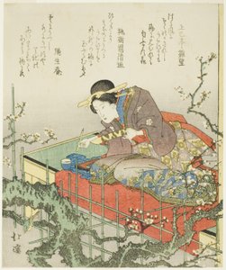 ブラシと詩のカードを保持している座っている女性 作： Totoya Hokkei