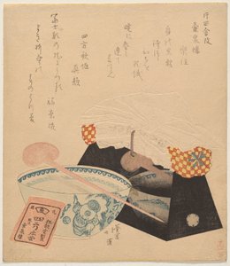 漆台に枕を置き磁器の椀のある静物 作： Totoya Hokkei