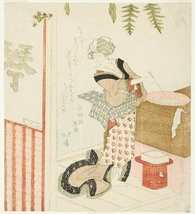 店で豆を料理する女性 作： Totoya Hokkei