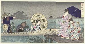 隅田川堤間のフェリー 墨亭の渡し舟 作： Toyohara Chikanobu