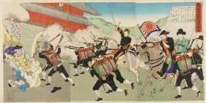 大島少将は、1895年に京城で城が軍隊が城を襲撃するときに韓国の王を守りますか？ 作： Toyohara Chikanobu