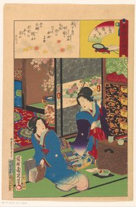 インテリアの 2 人の女性 作： Toyohara Chikanobu