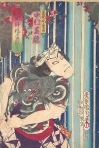 想像上の肖像、舞台の水滸伝。1875年（明治8年）の『鳥獣戯画 水滸伝 燈籠台』。 作： Toyohara Kunichika