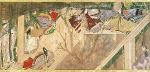 「源氏物語」 (「源氏物語」) 10 世紀の小説で、源氏のロマンチックな生活を描いたもので、挿絵は二代徳川彦国 (fl.1821-24)、パブ。 19世紀 作： Toyokawa Hikokuni