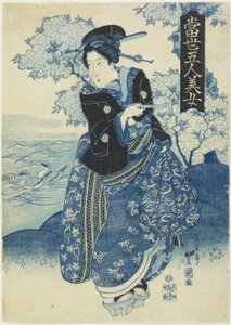 1830年代初頭のパイプを保持する美しさ（カラー木版画） 作： Toyokuni II