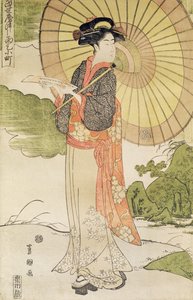 パラソル（色木版画）の立っている女性 作： Toyokuni II