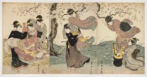 日本美術: 風の中の花 (女性と男性が木の枝から吹流しを垂らしているシーン) - 版画 歌川豊国 (1769-1825) リノカット (37.8x75.9 )、1797-1800 年頃 - ホノルル アカデミー オブ アーツ 作： Toyokuni Utagawa