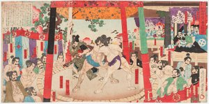 小ｍ場ｔ で すも でヴァンｔ 豊臣 秀吉 １５３７ー１５９８） 絵ｔ かと 清正 （１５６２ー１６１１）。 絵ｓ他ｍペ で 歌川 豊の 部 （１８５９ー１８８６） 作： Toyonobu Utagawa