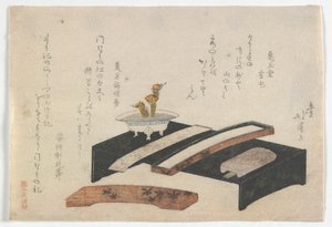 書き物机を描いた摺物、江戸時代、1800-10年頃（カラー木版画） 作： Toyota Hokkei
