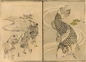 3人の男性とコイ、1814年、1924年。