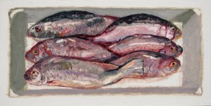 魚の木箱1（ビリングズゲート、ロンドン）2016年（油彩・板）