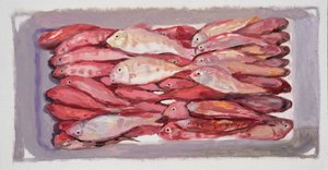 魚の木箱4（ビリングズゲート、ロンドン）2016年（油彩・板） 作： トレバー・バージェス