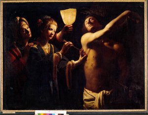 聖セバスティアンが最初の殉教をした後、未亡人イレーネとその侍女に癒される。Le Maitre a la Candelle』で知られるトロフィム・ビゴーの絵画（17世紀）。1620-1630.ディム。1.29x1.7 m ボルドー美術館 作： Trophime Bigot