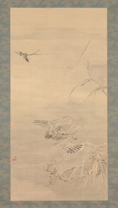 小鳥をつかむタカ、19世紀。 作： Tsubaki Chinzan