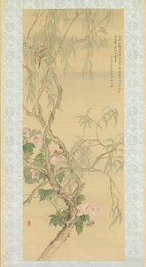 柳の枝にとまる小鳥とハイビスカスの花、1850 年秋。 作： Tsubaki Chinzan