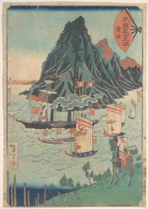 「末廣の53の駅：通り過ぎる蒸気船を見つめる武士」 作： Tsukioka Yoshitoshi