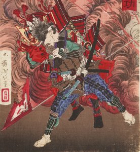 Okubo Hikozaemon rescuing Tokugawa Ieyasu on the battlefield, 1881 (woodblock)