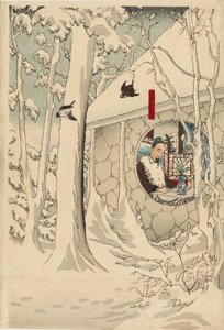 木版画のトリプティク - 19 世紀後半、吹雪の中、隠れ家の孔明を訪れた玄徳 作： Tsukioka Yoshitoshi
