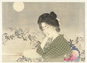 月明かりの下で扇子を持つ女性 作： Tsutsui Toshimine