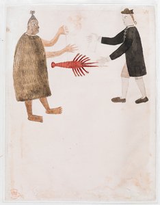 MS 15508 [Drawing no.12] イギリス海軍士官とザリガニを物々交換するマオリ、「Captain Cook