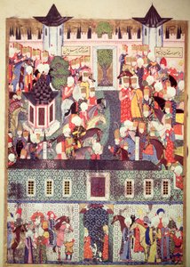 H 1517 f.17vアリフィ作「スレイマンネーム」からの壮大なスレイマン（1494-1566）の即位、1558 作： Turkish School