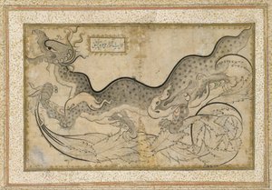 紅葉の中のドラゴンの「サズ」スタイルのドローイング、c.1540-50（インク、不透明な水彩画、紙に金） 作： Turkish School