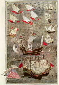 Tarik-y Bayezidのオスマン帝国の艦隊（ベラムのインクと金箔） 作： Turkish School