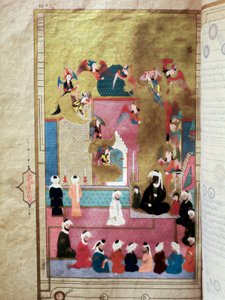 預言者ムハンマド（MohammedまたはMuhammad）（570-632）（顔が覆われている）ミラクの時、第7の空への上昇 ムラド3世のレムの下、歴史家Seyyid Loqman Ashuriによる写本 "Zubdat al-Tawarikh"（またはZubdat al Tawarikh）からのミニチュア（1 作： Turkish School