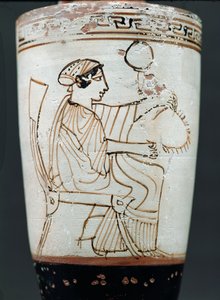 花輪を編む女性を描いた屋根裏の白い地面レキトス、紀元前475〜420年（陶器） 作： Tymbos Painter