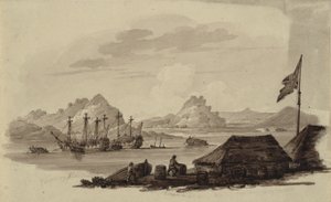 中国沿岸の深海錨地であるカントンのワンポアにあるイギリスの砲艦とタンカのエッグボート 作： Ubekendt