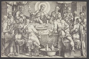 最後の晩餐でイスカリオテのユダの裏切りを予告するキリスト 作： Ubekendt efter Maarten van Heemskerck